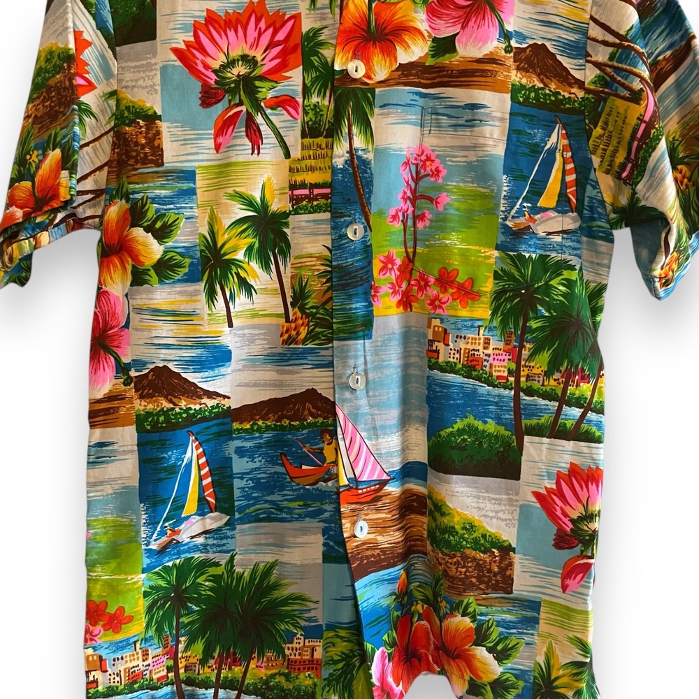 Diamond Head Hawaiian Shirt Men's Small All Over Print Island Sailboat Floral - Picture 3 of 6
